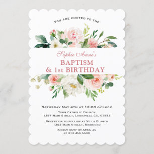 Trendy Pink White Floral Baptism First Birthday Invitation