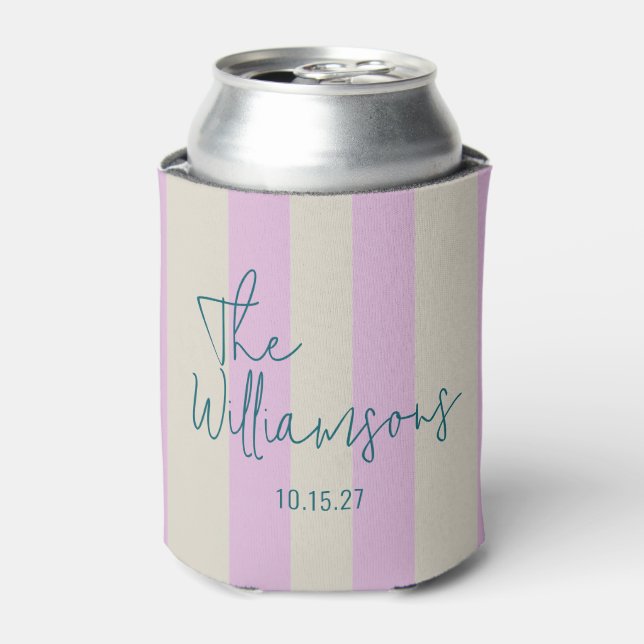 Trendy Pink White Stripes Custom Script Wedding Can Cooler (Can Front)