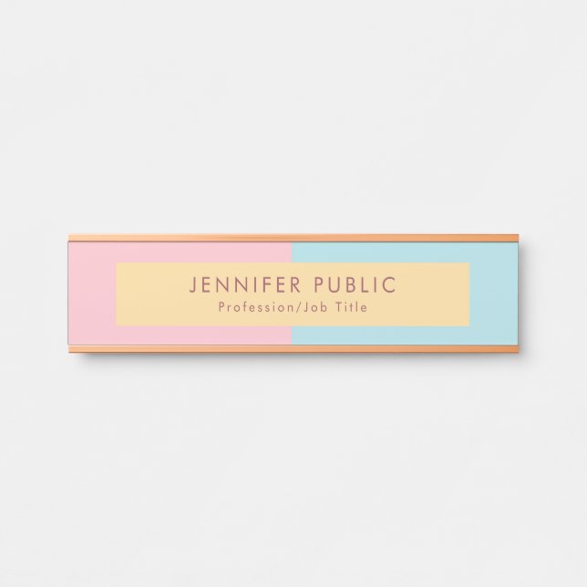 Trendy Pink Yellow Blue Modern Template Rose Gold Door Sign (Front)