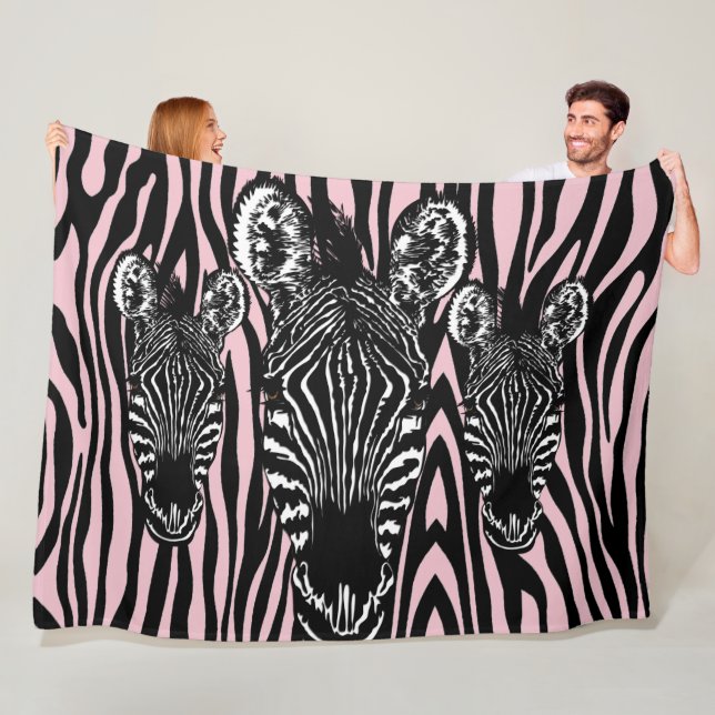 Trendy Pink Zebra  Herd on Zebra Print Fleece Blanket (In Situ)