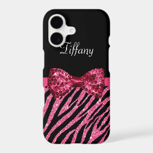 Trendy Pink Zebra Print FAUX Glitz Bow With Name