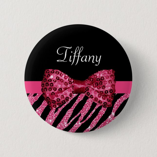 Trendy Pink Zebra Print FAUX Glitz Bow With Name 6 Cm Round Badge (Front)