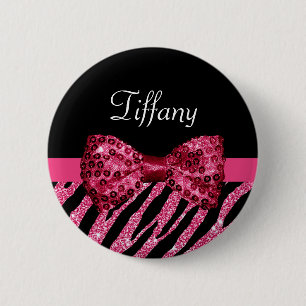 Trendy Pink Zebra Print FAUX Glitz Bow With Name 6 Cm Round Badge