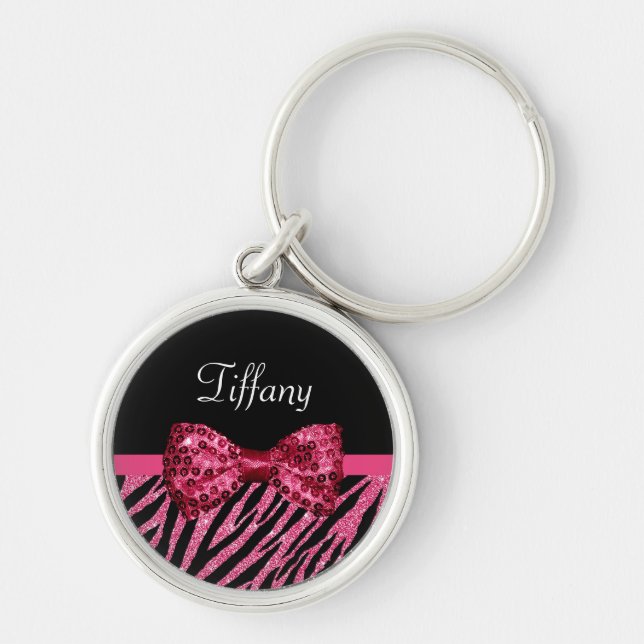 Trendy Pink Zebra Print FAUX Glitz Bow With Name Key Ring (Front)