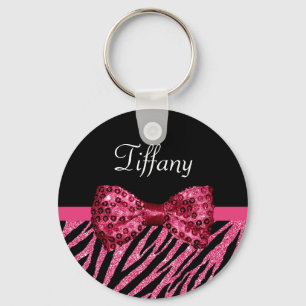 Trendy Pink Zebra Print FAUX Glitz Bow With Name Key Ring