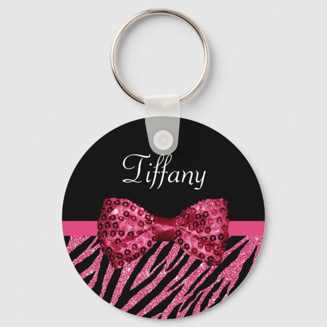 Trendy Pink Zebra Print FAUX Glitz Bow With Name Key Ring (Front)