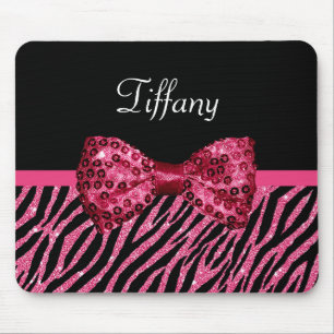 Trendy Pink Zebra Print FAUX Glitz Bow With Name Mouse Pad