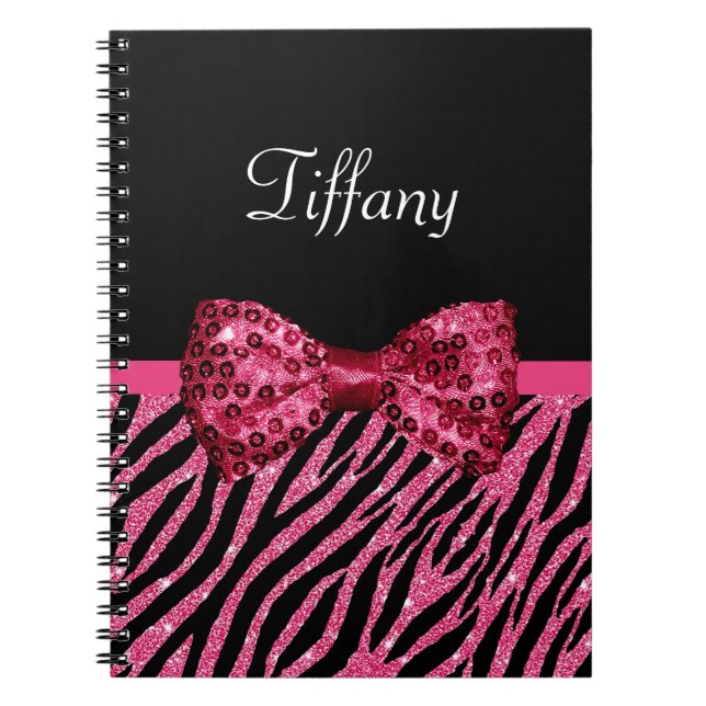Trendy Pink Zebra Print FAUX Glitz Bow With Name Notebook (Front)