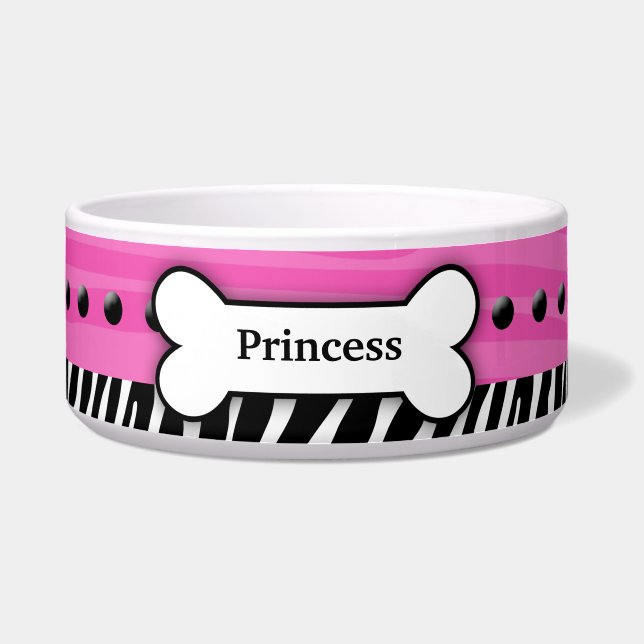 Trendy Pink Zebra Stripe Custom Pet Dog Food Bowl (Front)