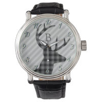 Trendy Plaid Deer and Grey Striped Monogrammed 