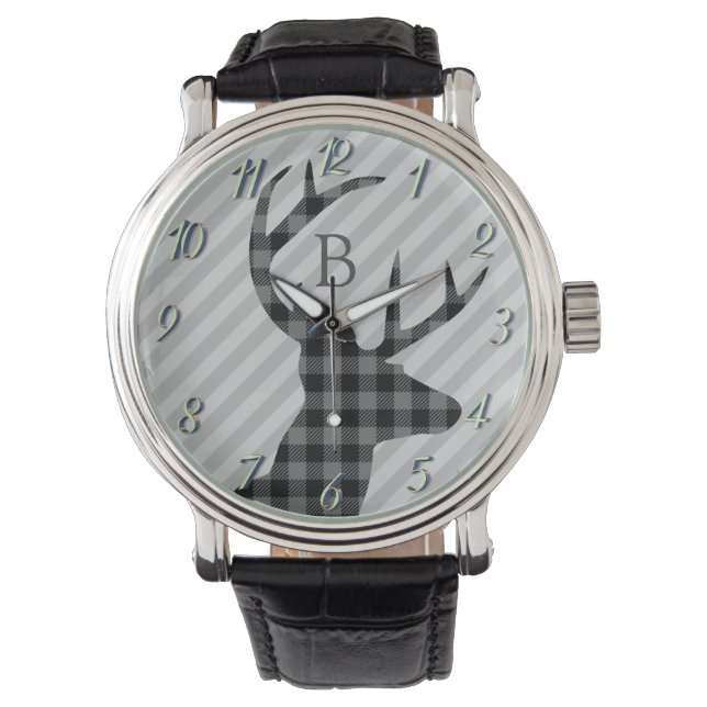 Trendy Plaid Deer and Grey Striped Monogrammed  Watch (Front)