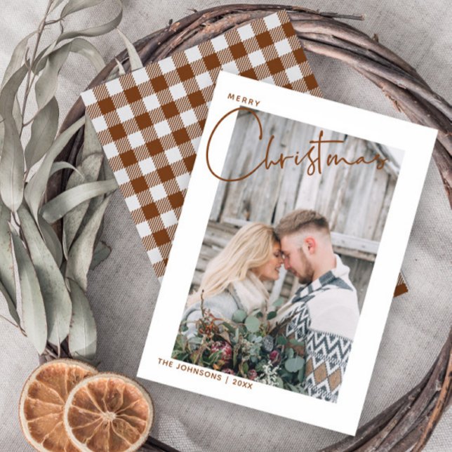 Trendy Plaid Merry Christmas Script Photo Holiday Card (Creator Uploaded)