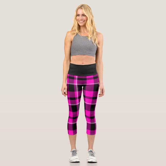 Trendy Plaid Pink Black Tartan Capris Leggins Yoga (Front)