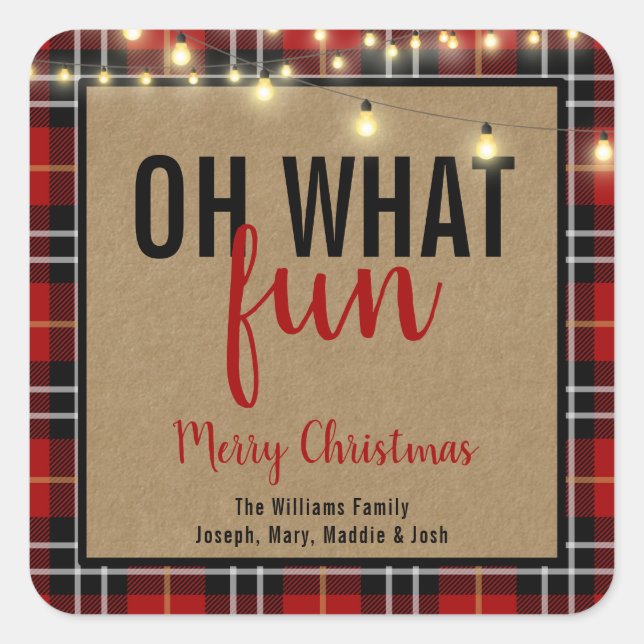 Trendy Plaid | Red and Black Plaid Fun Typography Square Sticker (Front)