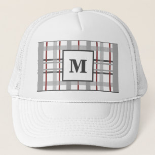 Trendy Plaid Red Grey Silver Custom Monogram Trucker Hat
