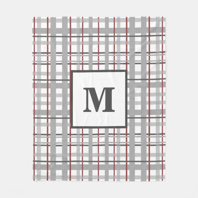 Trendy Plaid Red Silver Grey Monogram Fleece Blanket (Front)