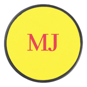 Trendy plain simple yellow red monogram initials hockey puck