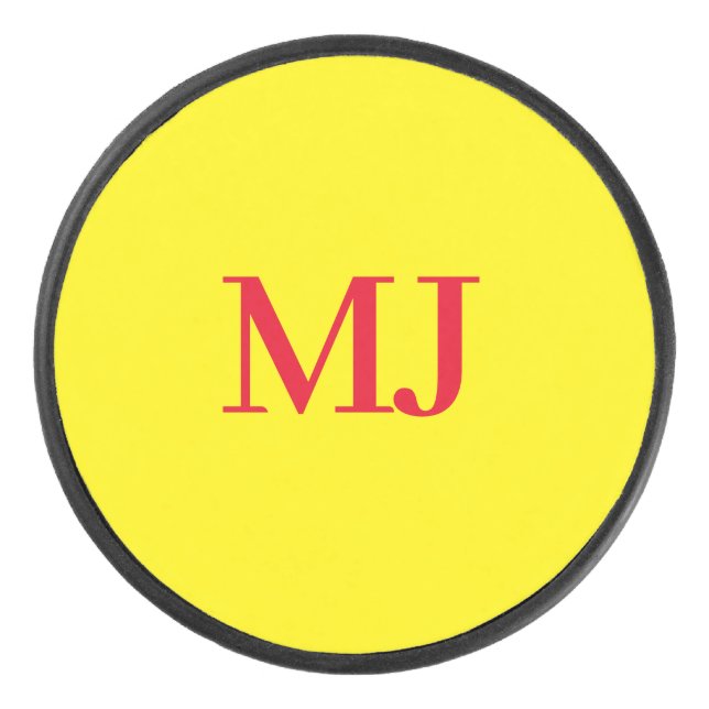 Trendy plain simple yellow red monogram initials hockey puck (Front)