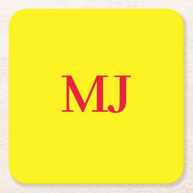 Trendy plain simple yellow red monogram initials square paper coaster (Front)