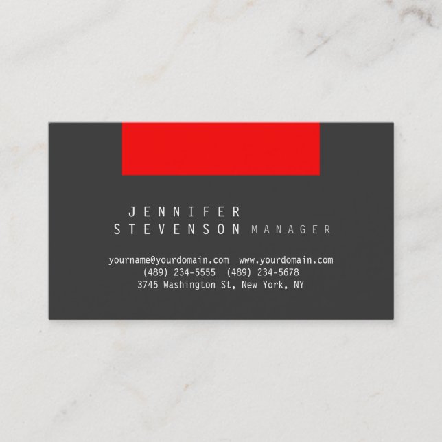 Trendy Plain Stylish Grey Red Clean Business Card (Front)