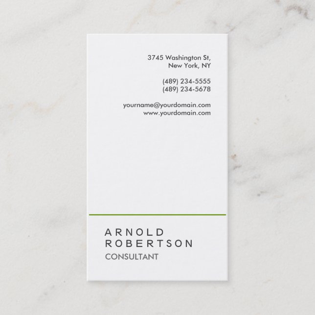 Trendy Plain White Green Consultant Business Card (Front)