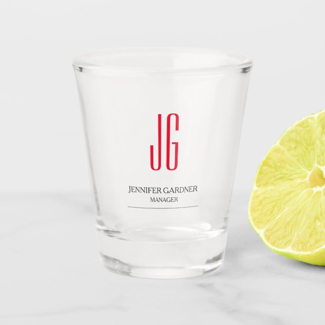 Trendy plain white red monogram shot glass (Front)