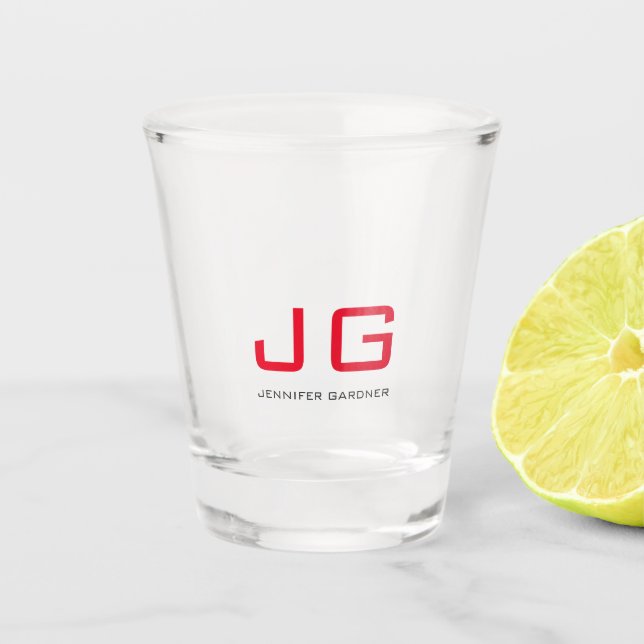 Trendy plain white red monogram shot glass (Front)