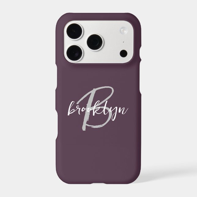 Trendy Plum Purple Grey White Script Monogram  (Back)