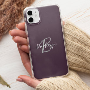 Trendy Plum Purple Grey White Script Monogram  Case-Mate iPhone Case