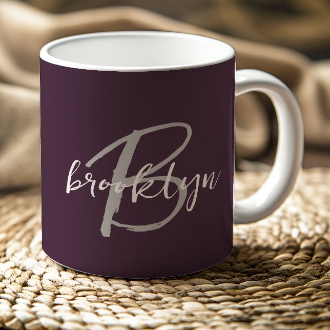 Trendy Plum Purple Grey White Script Monogram  Coffee Mug (Creator Uploaded)