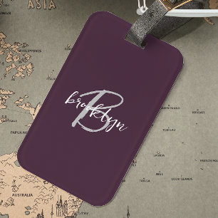 Trendy Plum Purple Grey White Script Monogram Luggage Tag