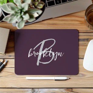Trendy Plum Purple Grey White Script Monogram Mouse Pad
