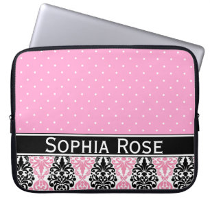 Trendy Polka Dot Damask Pattern with Name Laptop Sleeve