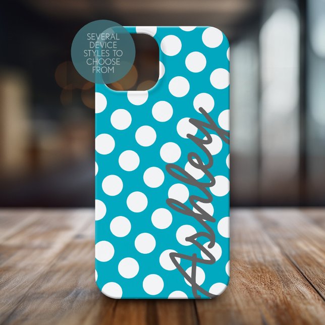 Trendy Polka Dot Pattern script name - blue grey Case-Mate iPhone Case (Personalized Phone Case with Polka Dots and Custom Name)