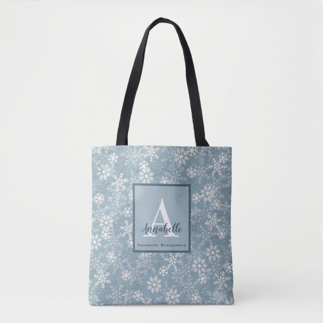 Trendy Powder Blue Monogram Initial Script Name Tote Bag (Front)