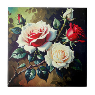 Trendy Pretty pink white red roses oil painting Tile