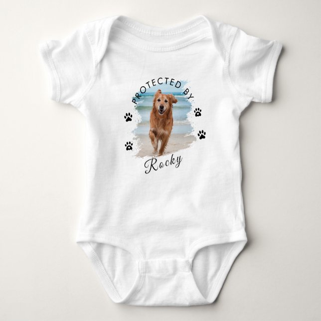 Trendy Protected By Dog Custom Photo and text      Baby Bodysuit (Front)