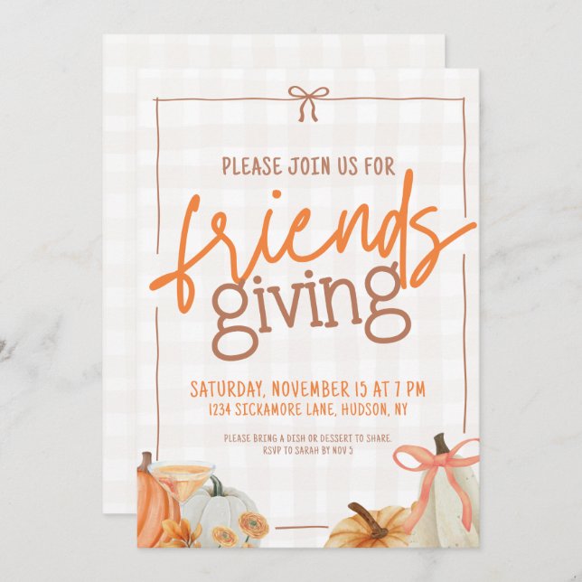 Trendy Pumpkin Bow Plaid Friendsgiving Invitation (Front/Back)