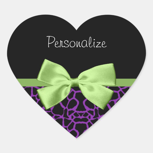 Trendy Purple And Black Giraffe With Green Ribbon Heart Sticker (Front)