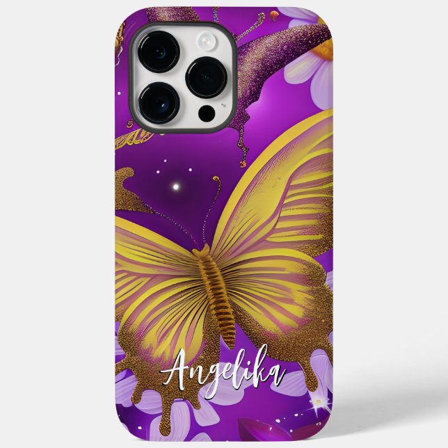 Trendy Purple and Gold Butterfly Custom Name Case-Mate iPhone Case (Back)