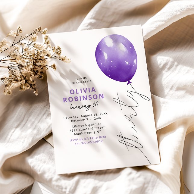 Trendy Purple Balloon 30th Birthday Invitation (Creator Uploaded)