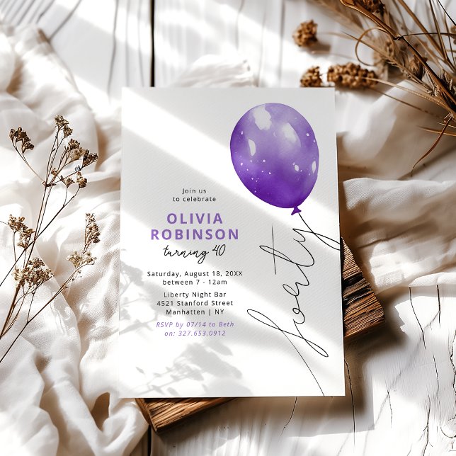 Trendy Purple Balloon 40th Birthday Invitation (Creator Uploaded)
