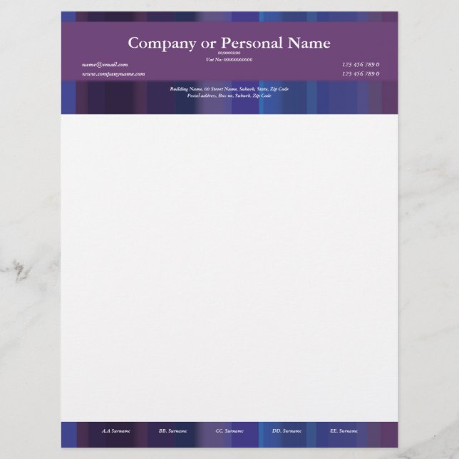 Trendy purple blue stripes - customisable personalised letterhead (Front)