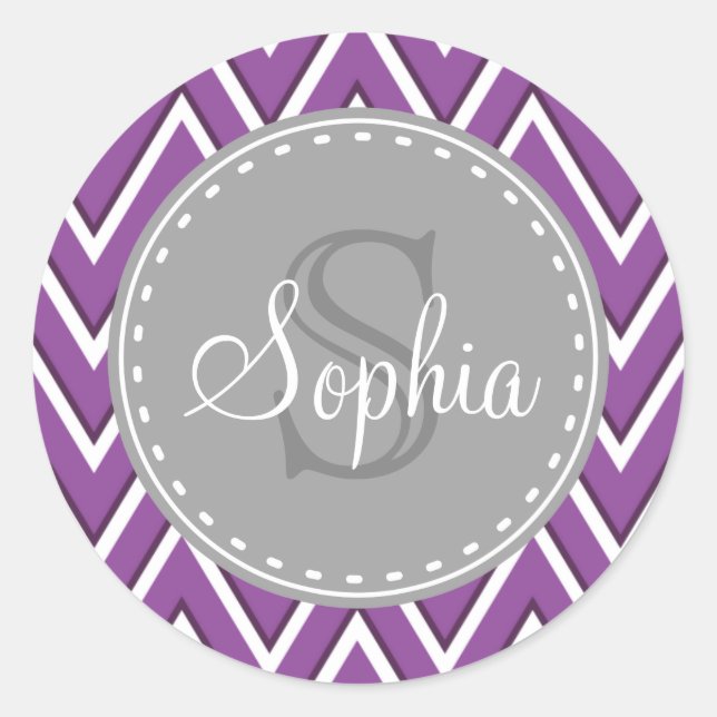 Trendy Purple Chevron Pattern Grey Monogram Classic Round Sticker (Front)