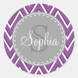 Trendy Purple Chevron Pattern Grey Monogram Classic Round Sticker
