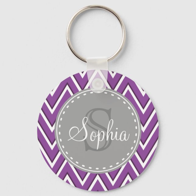 Trendy Purple Chevron Pattern Grey Monogram Key Ring (Front)