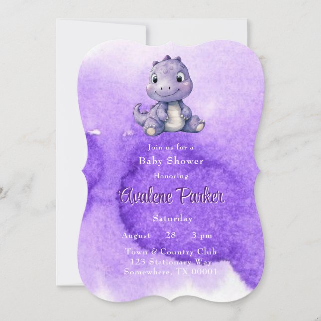 Trendy Purple Cute Dinosaur Girl Baby Shower Invitation (Front)