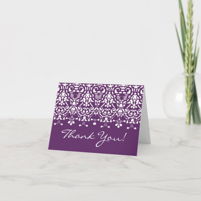 Trendy Purple Damask Thank You Note Card (Front)