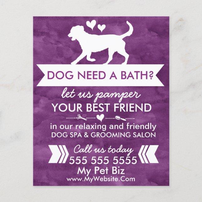 Trendy Purple Dog Grooming Flyer - Personalizable (Front)