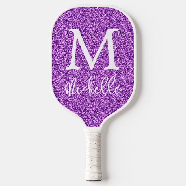 Trendy Purple Faux Glitter Monogram Initial Name Pickleball Paddle (Front)